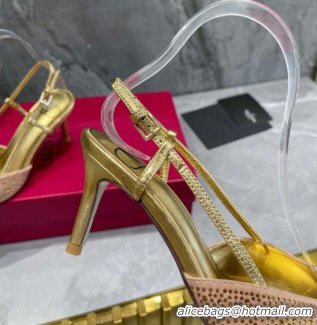 Best Grade Valentino VLogo Signature Slingback Pump with Crystal 8cm Heel Gold 0823017