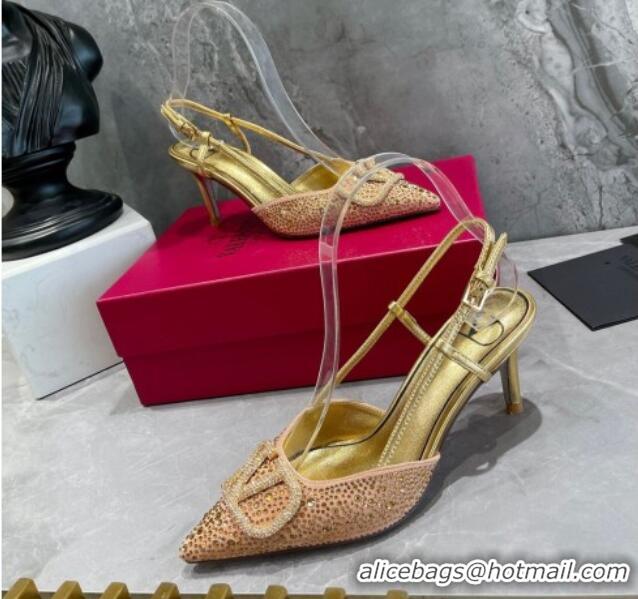 Best Grade Valentino VLogo Signature Slingback Pump with Crystal 8cm Heel Gold 0823017