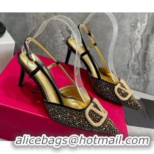 Sumptuous Valentino VLogo Signature Slingback Pump with Crystal 8cm Heel Black/Gold 0823018