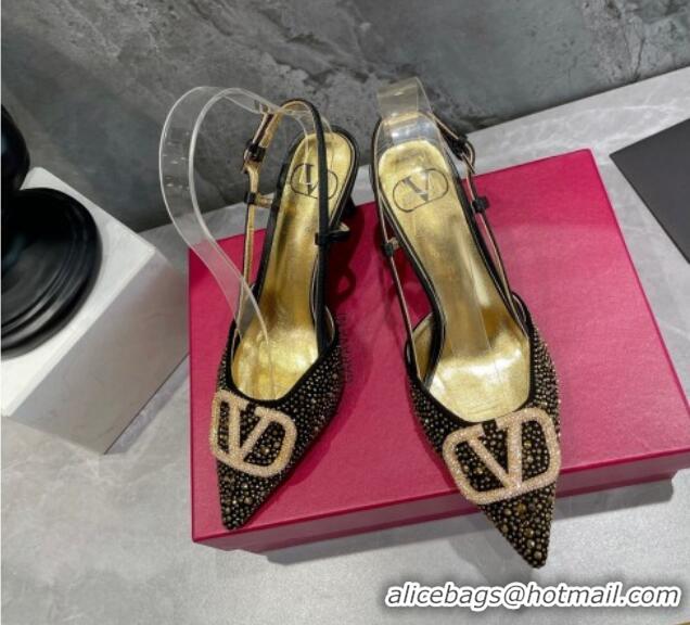 Sumptuous Valentino VLogo Signature Slingback Pump with Crystal 8cm Heel Black/Gold 0823018