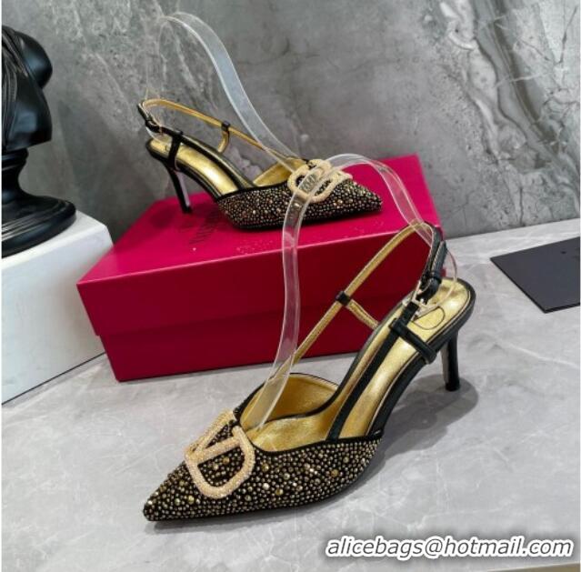 Sumptuous Valentino VLogo Signature Slingback Pump with Crystal 8cm Heel Black/Gold 0823018