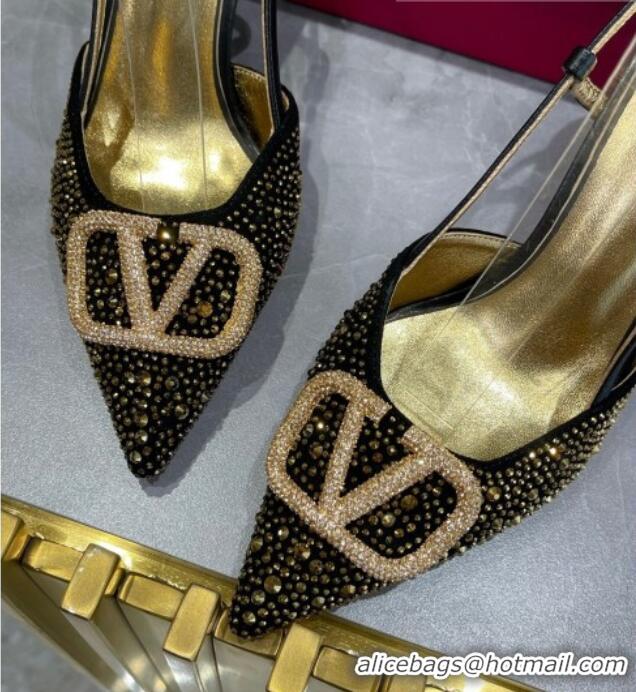 Sumptuous Valentino VLogo Signature Slingback Pump with Crystal 8cm Heel Black/Gold 0823018