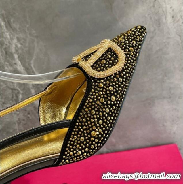 Sumptuous Valentino VLogo Signature Slingback Pump with Crystal 8cm Heel Black/Gold 0823018