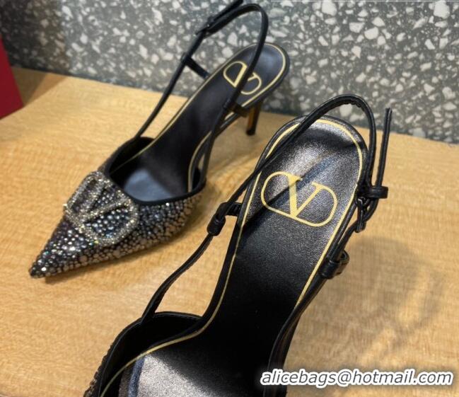 Low Price Valentino VLogo Signature Slingback Pump with Crystal 8cm Heel Black 0823019