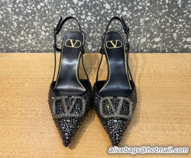 Low Price Valentino VLogo Signature Slingback Pump with Crystal 8cm Heel Black 0823019