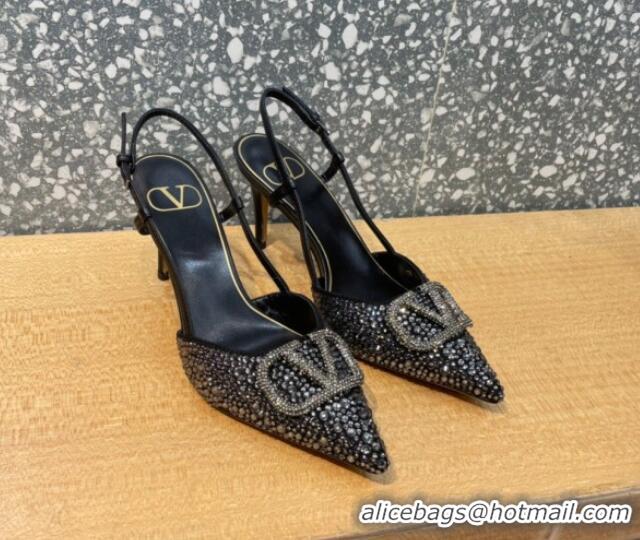 Low Price Valentino VLogo Signature Slingback Pump with Crystal 8cm Heel Black 0823019