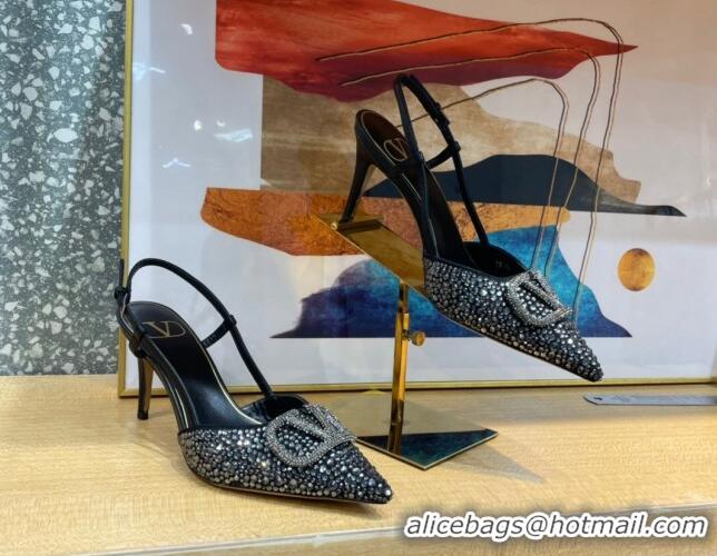 Low Price Valentino VLogo Signature Slingback Pump with Crystal 8cm Heel Black 0823019