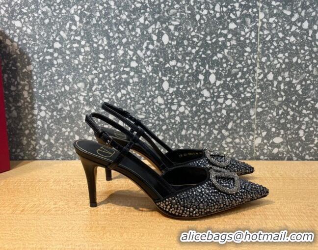 Low Price Valentino VLogo Signature Slingback Pump with Crystal 8cm Heel Black 0823019