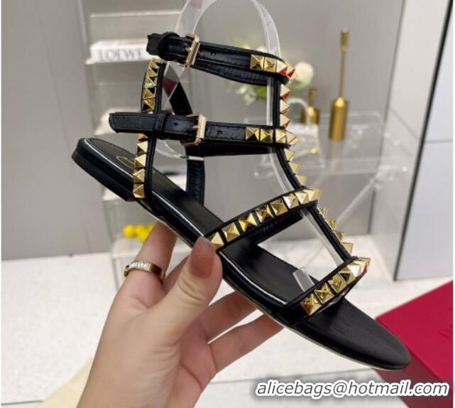 Top Grade Valentino Rockstud No Limit Flat Sandals in Nappa Black 0824057