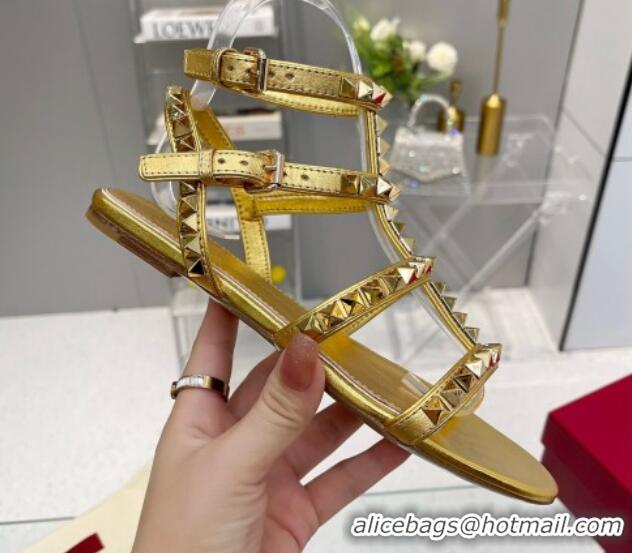 Grade Quality Valentino Rockstud No Limit Flat Sandals in Metallic Nappa Gold 0824059