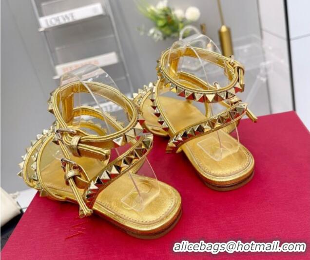 Grade Quality Valentino Rockstud No Limit Flat Sandals in Metallic Nappa Gold 0824059