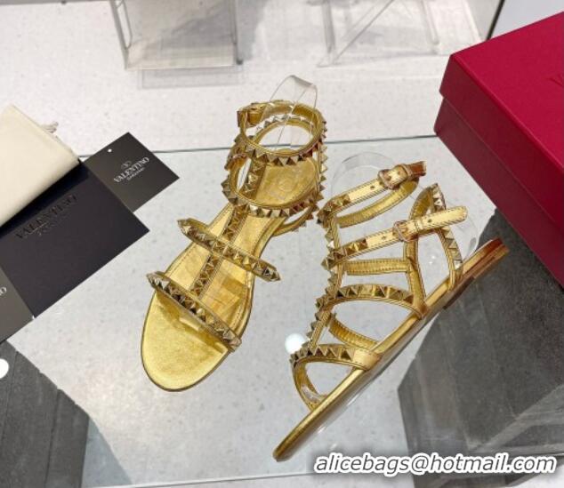 Grade Quality Valentino Rockstud No Limit Flat Sandals in Metallic Nappa Gold 0824059