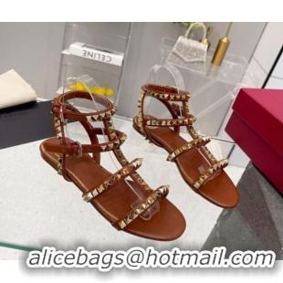 Most Popular Valentino Rockstud No Limit Flat Sandals in Nappa Brown 0824060