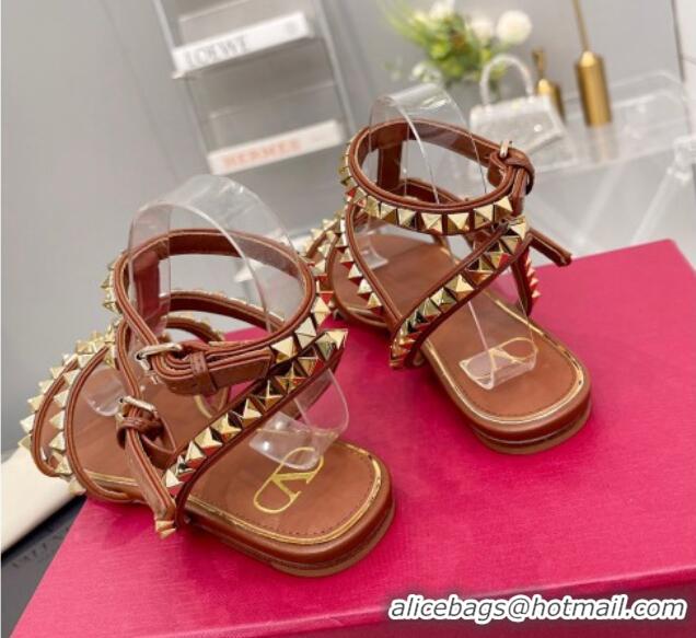 Most Popular Valentino Rockstud No Limit Flat Sandals in Nappa Brown 0824060