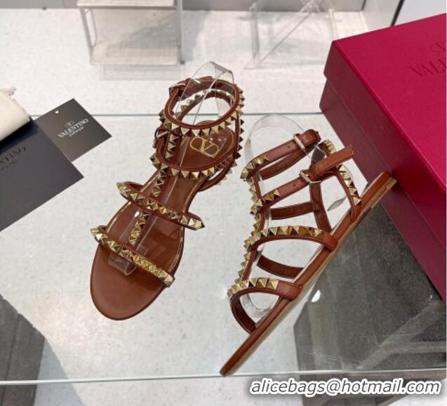 Most Popular Valentino Rockstud No Limit Flat Sandals in Nappa Brown 0824060