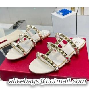 Purchase Valentino Lambskin Rockstud No Limit Slide Flat Sandals White 0824062