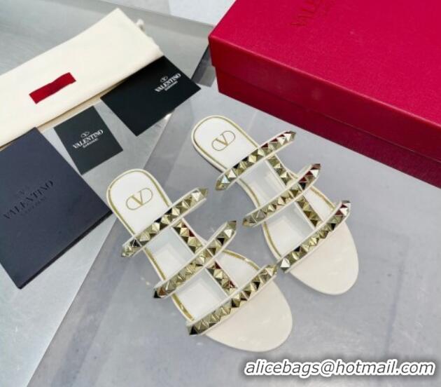 Purchase Valentino Lambskin Rockstud No Limit Slide Flat Sandals White 0824062