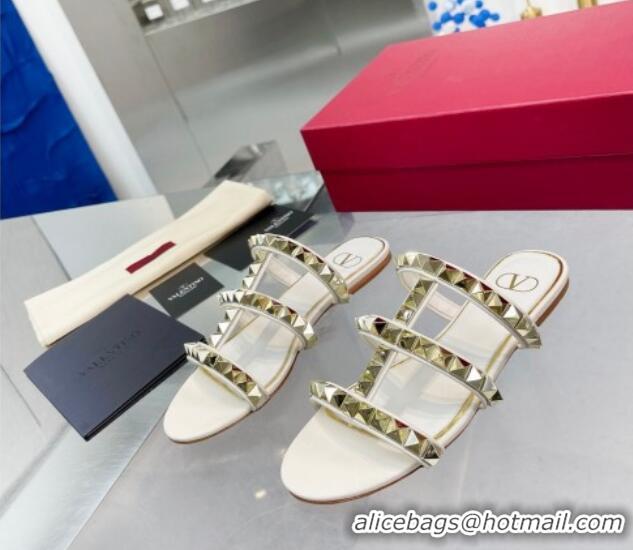 Purchase Valentino Lambskin Rockstud No Limit Slide Flat Sandals White 0824062