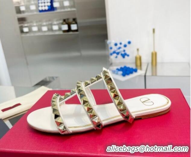 Purchase Valentino Lambskin Rockstud No Limit Slide Flat Sandals White 0824062