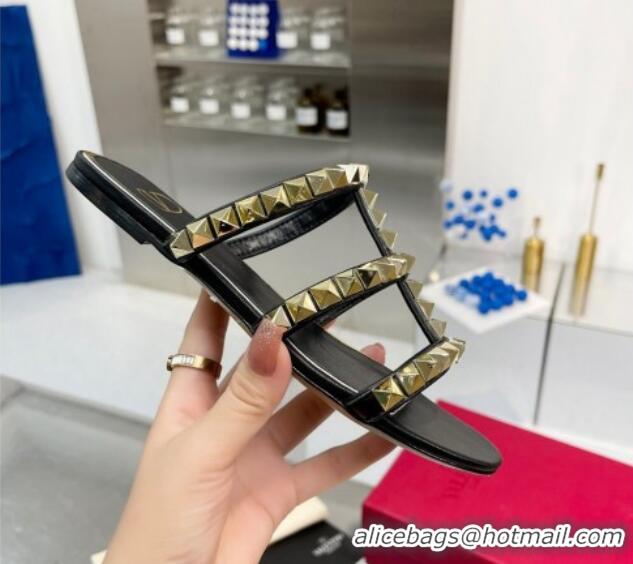 Good Quality Valentino Lambskin Rockstud No Limit Slide Flat Sandals Black 0824063