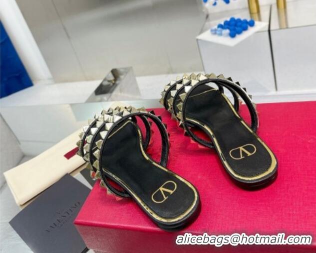 Good Quality Valentino Lambskin Rockstud No Limit Slide Flat Sandals Black 0824063