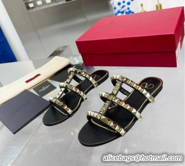 Good Quality Valentino Lambskin Rockstud No Limit Slide Flat Sandals Black 0824063