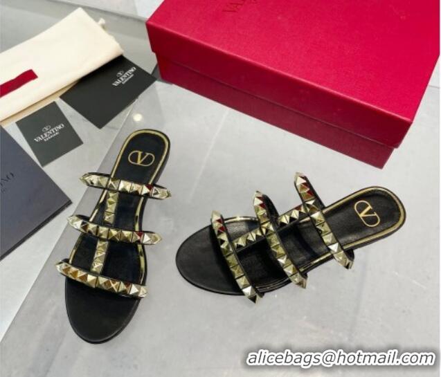 Good Quality Valentino Lambskin Rockstud No Limit Slide Flat Sandals Black 0824063