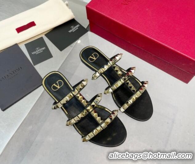 Good Quality Valentino Lambskin Rockstud No Limit Slide Flat Sandals Black 0824063