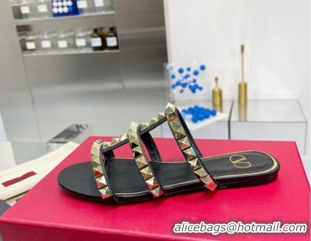 Good Quality Valentino Lambskin Rockstud No Limit Slide Flat Sandals Black 0824063