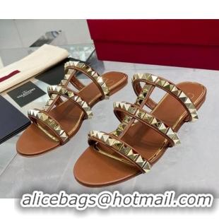 Low Cost Valentino Lambskin Rockstud No Limit Slide Flat Sandals Brown 0824064