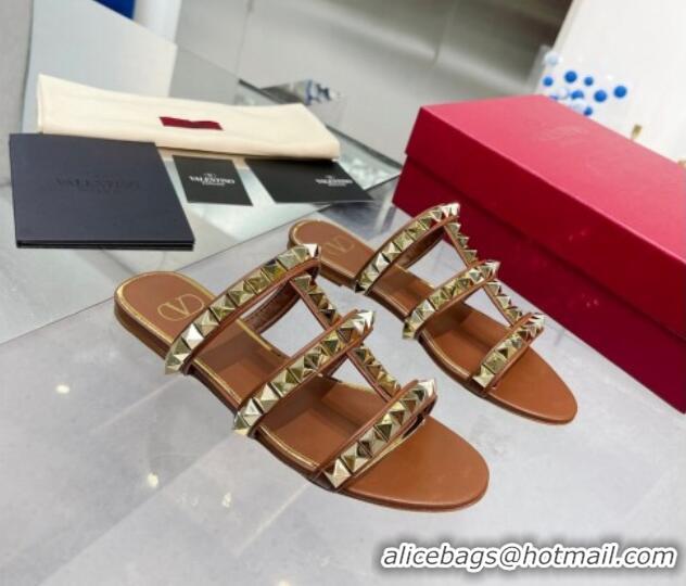 Low Cost Valentino Lambskin Rockstud No Limit Slide Flat Sandals Brown 0824064