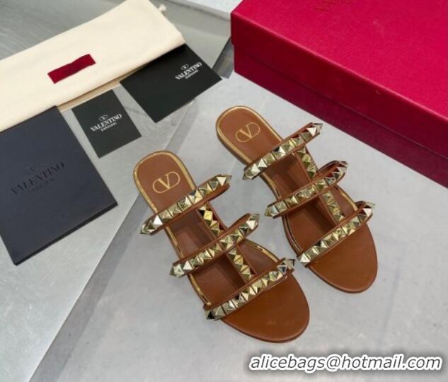 Low Cost Valentino Lambskin Rockstud No Limit Slide Flat Sandals Brown 0824064