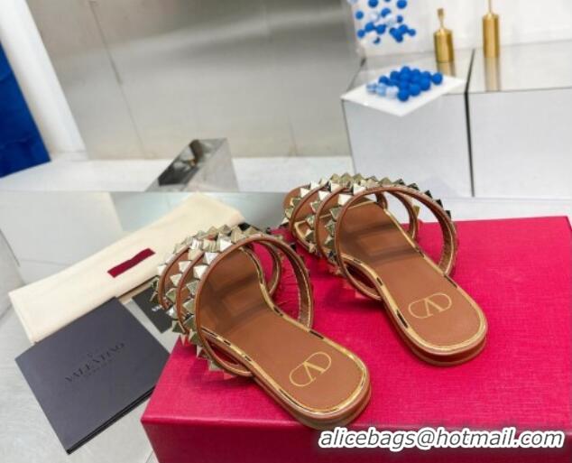 Low Cost Valentino Lambskin Rockstud No Limit Slide Flat Sandals Brown 0824064