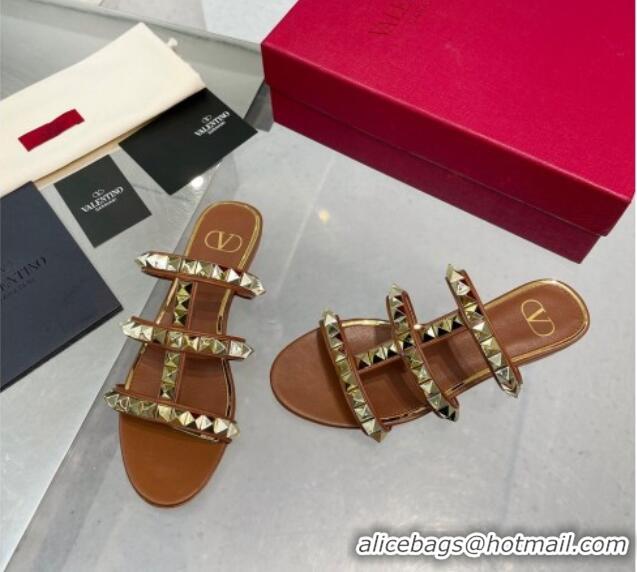 Low Cost Valentino Lambskin Rockstud No Limit Slide Flat Sandals Brown 0824064