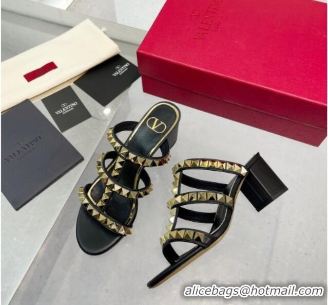 Perfect Valentino Lambskin Rockstud No Limit Slide Sandals 60MM Heel Black 0824066