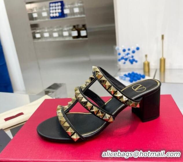 Perfect Valentino Lambskin Rockstud No Limit Slide Sandals 60MM Heel Black 0824066