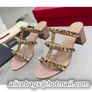 Luxurious Valentino Lambskin Rockstud No Limit Slide Sandals 60MM Heel Nude 0824067