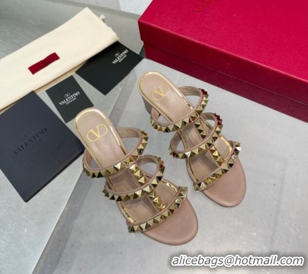 Luxurious Valentino Lambskin Rockstud No Limit Slide Sandals 60MM Heel Nude 0824067