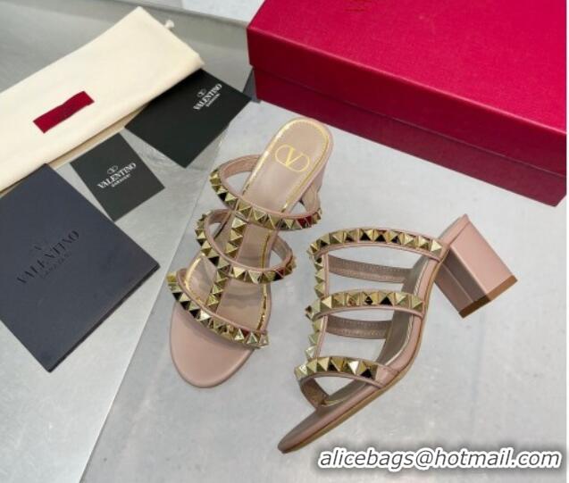 Luxurious Valentino Lambskin Rockstud No Limit Slide Sandals 60MM Heel Nude 0824067