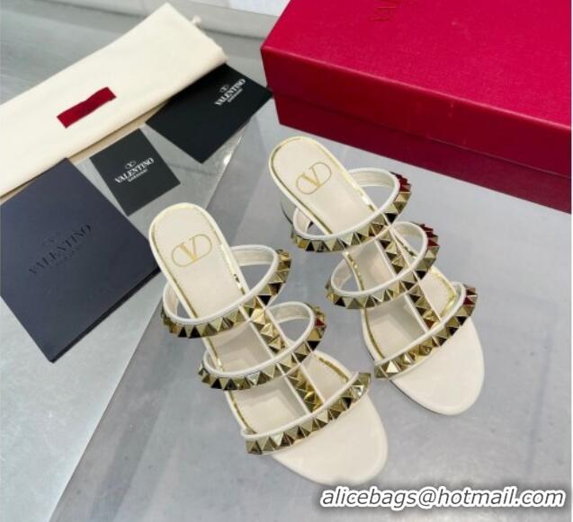 Classic Hot Valentino Lambskin Rockstud No Limit Slide Sandals 60MM Heel White 0824068