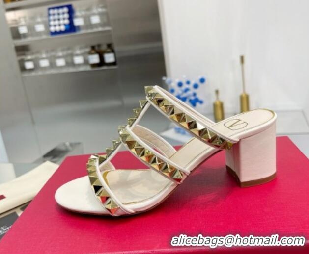 Classic Hot Valentino Lambskin Rockstud No Limit Slide Sandals 60MM Heel White 0824068