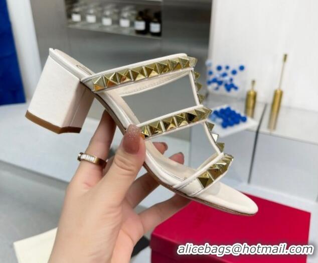 Classic Hot Valentino Lambskin Rockstud No Limit Slide Sandals 60MM Heel White 0824068