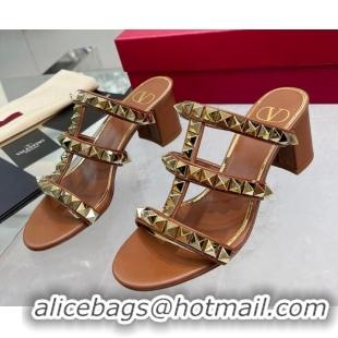 Stylish Valentino Lambskin Rockstud No Limit Slide Sandals 60MM Heel Brown 0824069