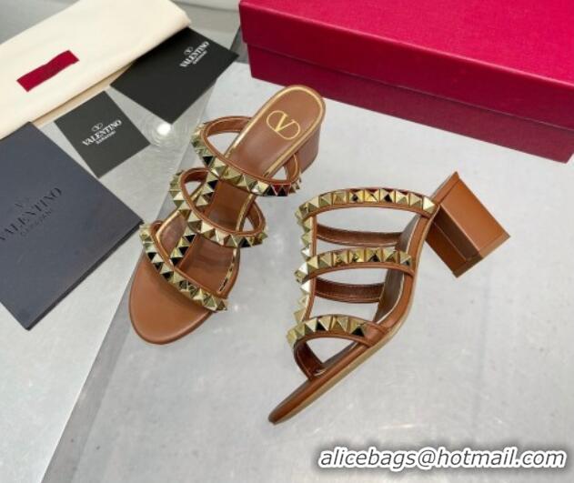 Stylish Valentino Lambskin Rockstud No Limit Slide Sandals 60MM Heel Brown 0824069