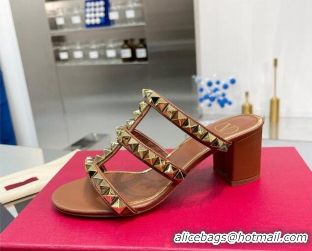 Stylish Valentino Lambskin Rockstud No Limit Slide Sandals 60MM Heel Brown 0824069