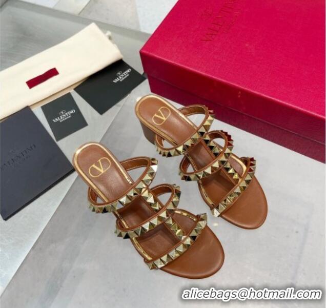 Stylish Valentino Lambskin Rockstud No Limit Slide Sandals 60MM Heel Brown 0824069