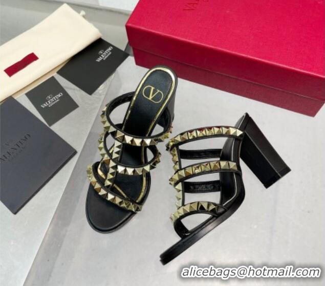 Durable Valentino Lambskin Rockstud No Limit Slide Sandals 90MM Heel Black 0824071