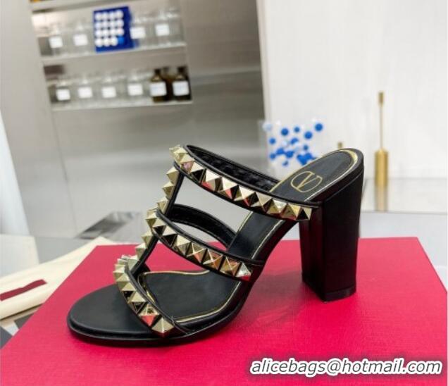 Durable Valentino Lambskin Rockstud No Limit Slide Sandals 90MM Heel Black 0824071