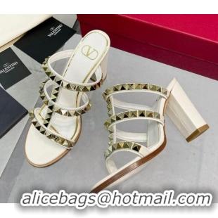 Sumptuous Valentino Lambskin Rockstud No Limit Slide Sandals 90MM Heel White 0824073