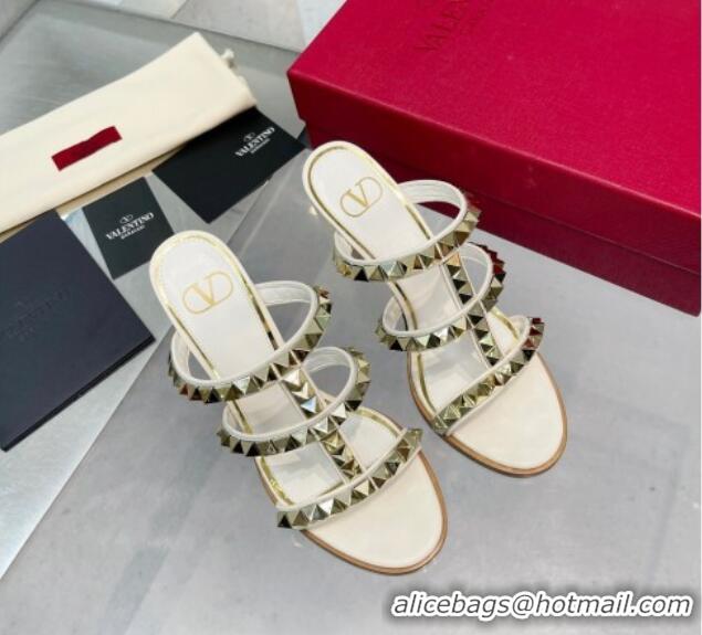 Sumptuous Valentino Lambskin Rockstud No Limit Slide Sandals 90MM Heel White 0824073